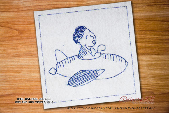 Pilot Boy on Airplane Flying Redwork